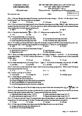 Đề thi thử THPT QG lần 2 môn Vật lí Năm 2018 (Mã đề 217) - Trường THPT Liên Trường (Kèm đáp án)