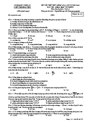 Đề thi thử THPT QG lần 2 môn Vật lí Năm 2018 (Mã đề 219) - Trường THPT Liên Trường (Kèm đáp án)