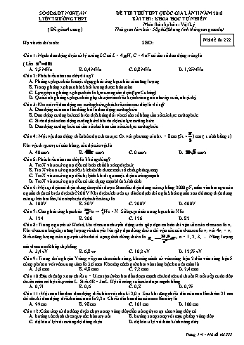 Đề thi thử THPT QG lần 2 môn Vật lí Năm 2018 (Mã đề 222) - Trường THPT Liên Trường (Kèm đáp án)