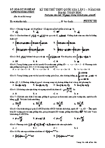 Đề thi thử THPT QG lần 2 Năm 2018 môn Toán (Mã đề 106) - Trường THPT Liên Trường (Kèm đáp án)