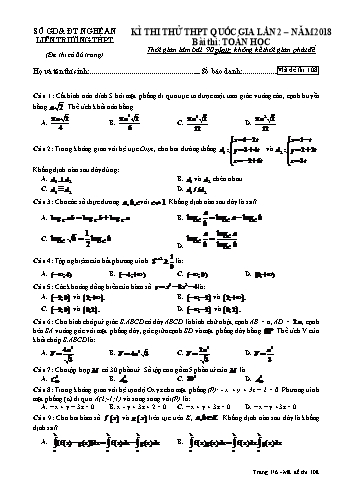 Đề thi thử THPT QG lần 2 Năm 2018 môn Toán (Mã đề 108) - Trường THPT Liên Trường (Kèm đáp án)