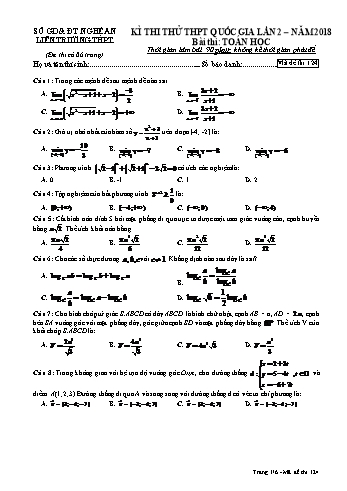 Đề thi thử THPT QG lần 2 Năm 2018 môn Toán (Mã đề 124) - Trường THPT Liên Trường (Kèm đáp án)
