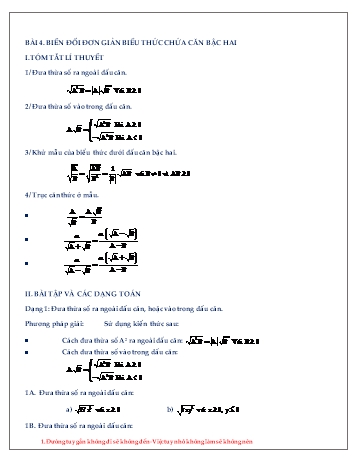 Đề cương ôn tập môn Đại số Lớp 9 - Chương I - Bài 4: Biến đổi đơn giản biểu thức chứa căn bậc hai