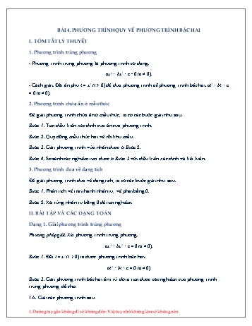 Đề cương ôn tập môn Đại số Lớp 9 - Chương IV - Bài 4: Phương trình quy về phương trình bậc hai Đề cương ôn tập môn Đại số Lớp 9 - Chương IV - Bài 4: Phương trình quy về phương trình bậc hai