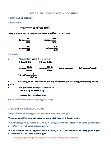 Đề cương ôn tập môn Hình học Lớp 9 - Chương I - Bài 2: Tỉ số lượng giác của góc nhọn Đề cương ôn tập môn Hình học Lớp 9 - Chương I - Bài 2: Tỉ số lượng giác của góc nhọn
