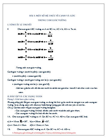 Đề cương ôn tập môn Hình học Lớp 9 - Chương I - Bài 3: Một số hệ thức về cạnh và góc trong tam giác vuông Đề cương ôn tập môn Hình học Lớp 9 - Chương I - Bài 3: Một số hệ thức về cạnh và góc trong tam giác vuông