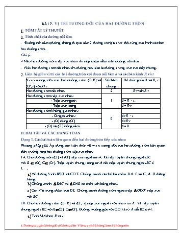 Đề cương ôn tập môn Hình học Lớp 9 - Chương II - Bài 7: Vị trí tương đối của hai đường tròn Đề cương ôn tập môn Hình học Lớp 9 - Chương II - Bài 7: Vị trí tương đối của hai đường tròn