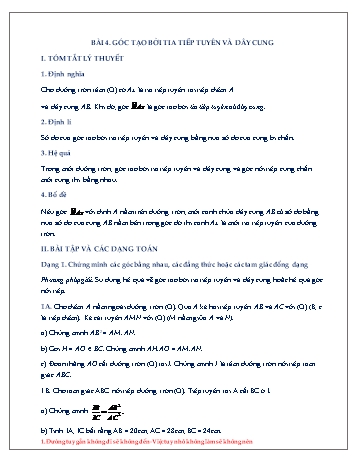Đề cương ôn tập môn Hình học Lớp 9 - Chương III - Bài 4: Góc tạo bởi tia tiếp tuyến và dây cung Đề cương ôn tập môn Hình học Lớp 9 - Chương III - Bài 4: Góc tạo bởi tia tiếp tuyến và dây cung