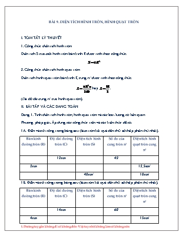 Đề cương ôn tập môn Hình học Lớp 9 - Chương III - Bài 9: Diện tích hình tròn, hình quạt tròn Đề cương ôn tập môn Hình học Lớp 9 - Chương III - Bài 9: Diện tích hình tròn, hình quạt tròn