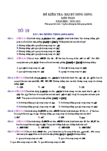 Đề kiểm tra 15 phút môn Hình học Lớp 11 - Chủ đề: Hai đường thẳng song song - Năm học 2020-2021 (Có đáp án)