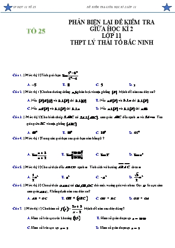 Đề kiểm tra giữa học kì 2 môn Toán Lớp 11 - Năm học 2020-2021 - Trường THPT Lý Thái Tổ - Bắc Ninh (Có đáp án)