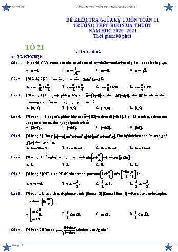 Đề kiểm tra giữa học kì I môn Toán Lớp 11 - Năm học 2020-2021 - Trường THPT Buôn Ma Thuột  (Có đáp án)