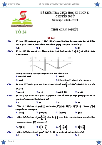 Đề kiểm tra giữa học kì I môn Toán Lớp 12 (Chuyên) - Năm học 2020-2021 (Có đáp án) Đề kiểm tra giữa học kì I môn Toán Lớp 12 (Chuyên) - Năm học 2020-2021 (Có đáp án)