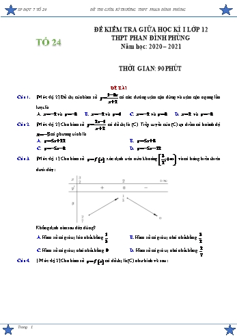 Đề kiểm tra giữa học kì I môn Toán Lớp 12 - Năm học 2020-2021 - Trường THPT Phan Đình Phùng (Có đáp án) Đề kiểm tra giữa học kì I môn Toán Lớp 12 - Năm học 2020-2021 - Trường THPT Phan Đình Phùng (Có đáp án)