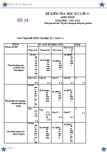 Đề kiểm tra học kì I môn Toán 12 - Tổ 18 - Năm học 2020-2021 (Có đáp án)