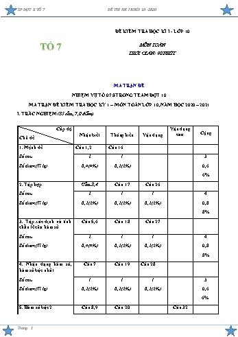 Đề kiểm tra học kì I môn Toán Lớp 10 - Tổ 7 - Năm học 2020-2021 (Có đáp án)
