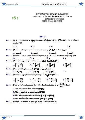 Đề kiểm tra học kỳ I môn Toán Lớp 12 - Năm học 2020-2021 - Trường THPT Nguyễn Thị Minh Khai (Có đáp án) Đề kiểm tra học kỳ I môn Toán Lớp 12 - Năm học 2020-2021 - Trường THPT Nguyễn Thị Minh Khai (Có đáp án)