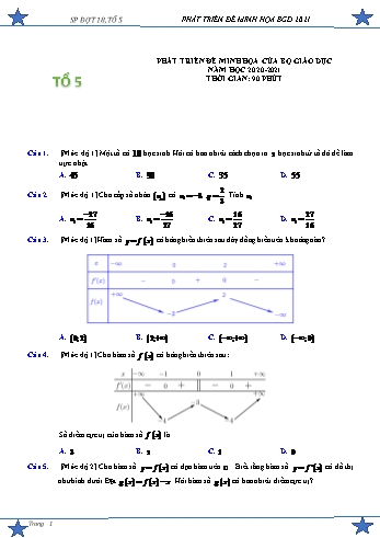 Đề minh họa thi THPT Quốc gia môn Toán Lớp 12 - Năm học 2020-2021 (Có đáp án)