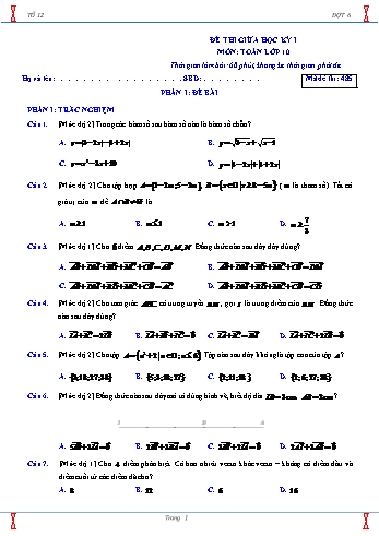Đề thi giữa học kỳ I môn Toán Lớp 10 - Mã đề: 485 - Năm học 2020-2021 - Trường THPT Lê Hồng Phong (Có đáp án)