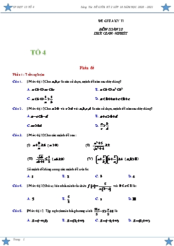 Đề thi giữa kì II môn Toán Lớp 10 - Năm học 2020-2021 (Có đáp án) Đề thi giữa kì II môn Toán Lớp 10 - Năm học 2020-2021 (Có đáp án)
