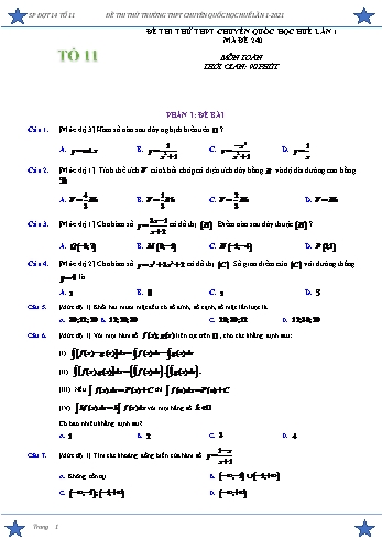 Đề thi thử THPT Lần 1 môn Toán Lớp 12 - Mã đề: 240 - Năm học 2020-2021 - Trường THPT Chuyên Quốc Học - Huế (Có đáp án)