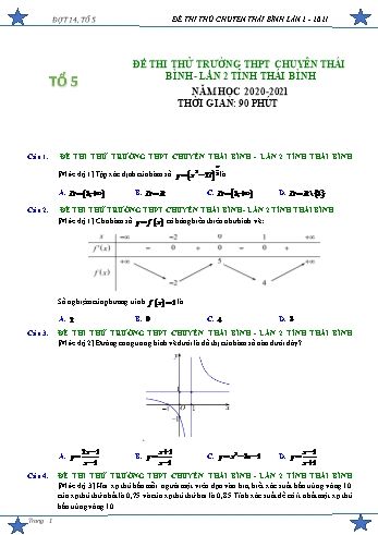 Đề thi thử tốt nghiệp THPT Lần 2 môn Toán Lớp 12 - Năm học 2020-2021 - Trường THPT Chuyên Thái Bình (Có đáp án)