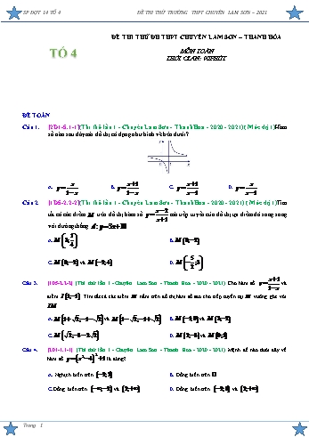 Đề thi thử tốt nghiệp THPT Lần I môn Toán Lớp 12 - Năm học 2020-2021 - Trường THPT Chuyên Lam Sơn (Có đáp án)
