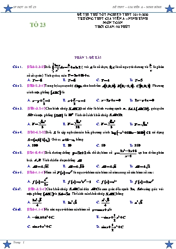 Đề thi thử tốt nghiệp THPT môn Toán Lớp 12 - Năm học 2019-2020 - Trường THPT Gia Viễn A (Có đáp án)