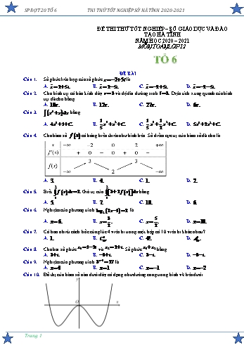 Đề thi thử tốt nghiệp THPT Quốc gia môn Toán Lớp 12 - Năm học 2020-2021 - Sở GD&ĐT Hà Tĩnh (Có đáp án) Đề thi thử tốt nghiệp THPT Quốc gia môn Toán Lớp 12 - Năm học 2020-2021 - Sở GD&ĐT Hà Tĩnh (Có đáp án)