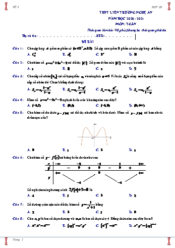 Đề thi thử tốt nghiệp THPT Quốc gia môn Toán Lớp 12 - Năm học 2020-2021 - Trường THPT Liên Trường - Nghệ An (Có đáp án) Đề thi thử tốt nghiệp THPT Quốc gia môn Toán Lớp 12 - Năm học 2020-2021 - Trường THPT Liên Trường - Nghệ An (Có đáp án)
