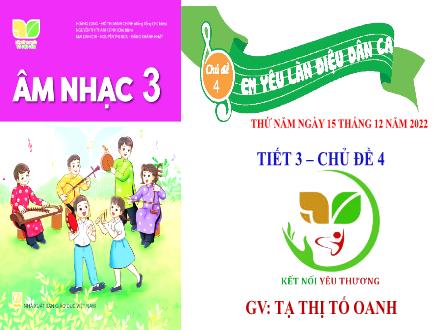 Bài giảng Âm nhạc Lớp 3 (Kết nối tri thức) - Chủ đề 4: Em yêu làn điệu dân ca - Tiết 3: Nghe nhạc Suối đàn T'rưng. Thường thức âm nhạc Những khúc hát ru - Năm học 2022-2023 - Tạ Thị Tố Oanh Bài giảng Âm nhạc Lớp 3 (Kết nối tri thức) - Chủ đề 4: Em yêu làn điệu dân ca - Tiết 3: Nghe nhạc Suối đàn T'rưng. Thường thức âm nhạc Những khúc hát ru - Năm học 2022-2023 - Tạ Thị Tố Oanh