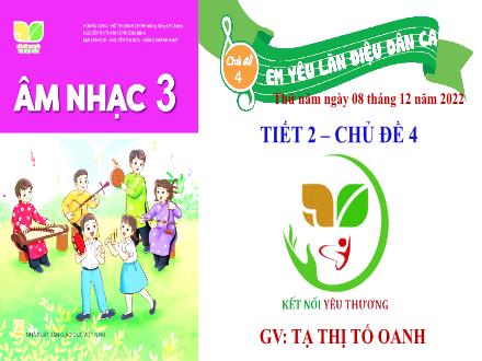 Bài giảng Âm nhạc Lớp 3 (Kết nối tri thức) - Chủ đề 4: Em yêu làn điệu dân ca - Tiết 2: Ôn tập bài hát Khúc nhạc trên nương xa. Nhạc cụ Thể hiện hình tiết tấu bằng nhạc cụ gõ - Năm học 2022-2023 - Tạ Thị Tố Oanh Bài giảng Âm nhạc Lớp 3 (Kết nối tri thức) - Chủ đề 4: Em yêu làn điệu dân ca - Tiết 2: Ôn tập bài hát Khúc nhạc trên nương xa. Nhạc cụ Thể hiện hình tiết tấu bằng nhạc cụ gõ - Năm học 2022-2023 - Tạ Thị Tố Oanh