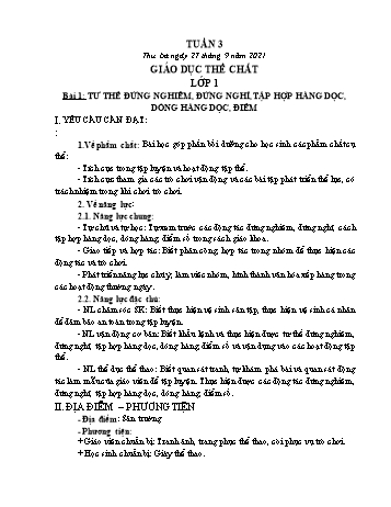 Giáo án Giáo dục thể chất Lớp 1 (Chân trời sáng tạo) - Tuần 3. Bài 1: Tư thế đứng nghiêm, đứng nghỉ, tập hợp hàng dọc, đóng hàng dọc, điểm - Năm học 2021-2022 - Lê Thị Kim Điệp