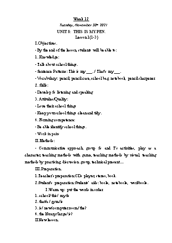 Giáo án Tiếng Anh Lớp 3 - Tuần 12. Unit 8: This is my pen - Năm học 2021-2022 - Trà Thị Anh Tú