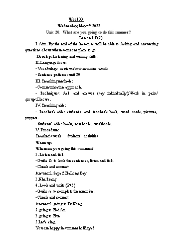 Giáo án Tiếng Anh Lớp 4 - Tuần 33. Unit 20: What are you going to do this summer - Năm học 2021-2022 - Trà Thị Anh Tú