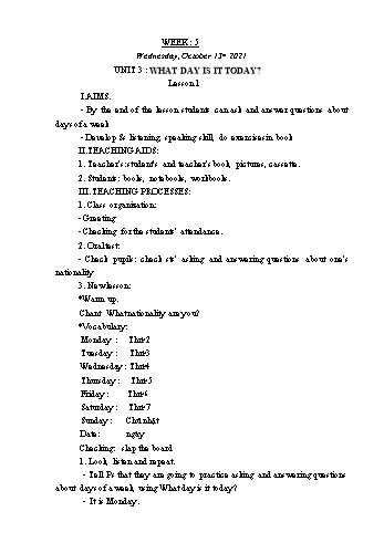 Giáo án Tiếng Anh Lớp 4 - Tuần 5. Unit 3: What day is it today - Năm học 2021-2022 - Trà Thị Anh Tú