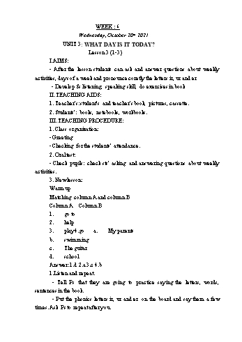 Giáo án Tiếng Anh Lớp 4 - Tuần 6. Unit 3: What day is it today + Unit 4: Whens your birthday - Năm học 2021-2022 - Trà Thị Anh Tú