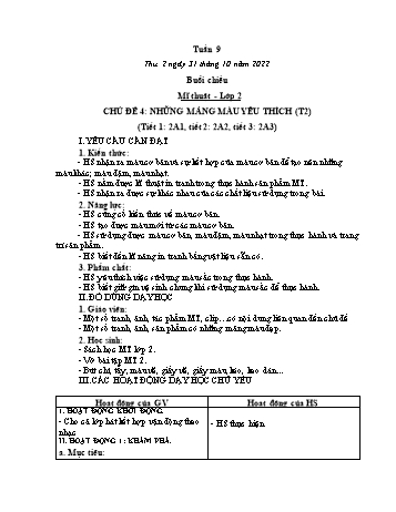 Kế hoạch bài dạy Mĩ thuật cấp Tiểu học - Tuần 9 - Năm học 2022-2023 - Nguyễn Thị Mỹ Lệ