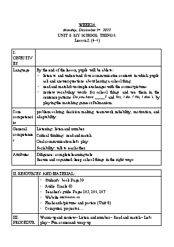 Kế hoạch bài dạy Tiếng Anh Lớp 3 - Tuần 14. Unit 8: My school things + Unit 9: Colours - Năm học 2022-2023 - Trà Thị Anh Tú Kế hoạch bài dạy Tiếng Anh Lớp 3 - Tuần 14. Unit 8: My school things + Unit 9: Colours - Năm học 2022-2023 - Trà Thị Anh Tú