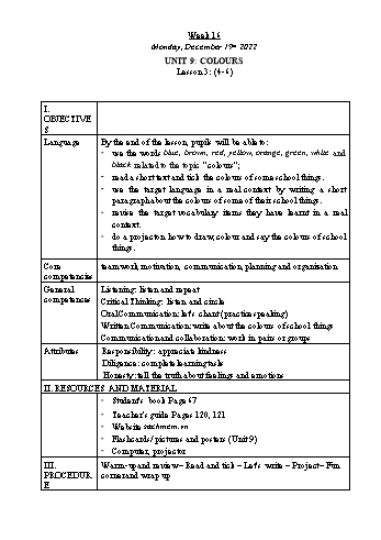 Kế hoạch bài dạy Tiếng Anh Lớp 3 - Tuần 16. Unit 9: Colours + Unit 10: Break time activities - Năm học 2022-2023 - Trà Thị Anh Tú Kế hoạch bài dạy Tiếng Anh Lớp 3 - Tuần 16. Unit 9: Colours + Unit 10: Break time activities - Năm học 2022-2023 - Trà Thị Anh Tú