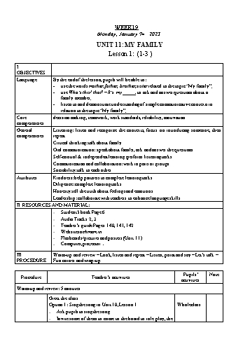 Kế hoạch bài dạy Tiếng Anh Lớp 3 - Tuần 19. Unit 11: My family - Năm học 2022-2023 - Trà Thị Anh Tú Kế hoạch bài dạy Tiếng Anh Lớp 3 - Tuần 19. Unit 11: My family - Năm học 2022-2023 - Trà Thị Anh Tú