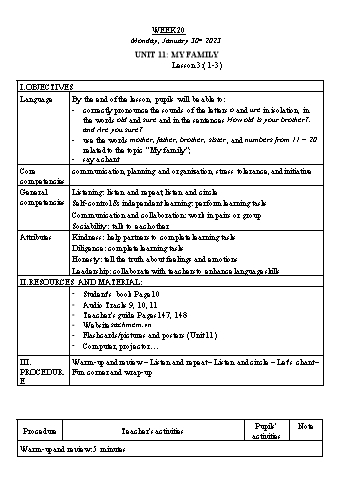 Kế hoạch bài dạy Tiếng Anh Lớp 3 - Tuần 20. Unit 11: My family + Unit 12: Jobs - Năm học 2022-2023 - Trà Thị Anh Tú