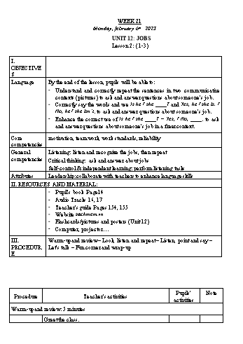 Kế hoạch bài dạy Tiếng Anh Lớp 3 - Tuần 21. Unit 12: Jobs - Năm học 2022-2023 - Trà Thị Anh Tú Kế hoạch bài dạy Tiếng Anh Lớp 3 - Tuần 21. Unit 12: Jobs - Năm học 2022-2023 - Trà Thị Anh Tú