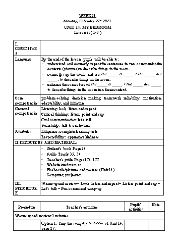Kế hoạch bài dạy Tiếng Anh Lớp 3 - Tuần 24. Unit 14: My bedroom - Năm học 2022-2023 - Trà Thị Anh Tú Kế hoạch bài dạy Tiếng Anh Lớp 3 - Tuần 24. Unit 14: My bedroom - Năm học 2022-2023 - Trà Thị Anh Tú