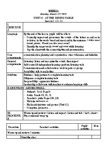 Kế hoạch bài dạy Tiếng Anh Lớp 3 - Tuần 26. Unit 15: At the dining table + Review 3 - Năm học 2022-2023 - Trà Thị Anh Tú Kế hoạch bài dạy Tiếng Anh Lớp 3 - Tuần 26. Unit 15: At the dining table + Review 3 - Năm học 2022-2023 - Trà Thị Anh Tú