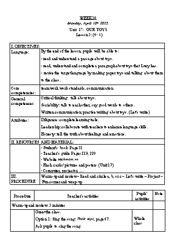 Kế hoạch bài dạy Tiếng Anh Lớp 3 - Tuần 30. Unit 17: Our toys + Unit 18: Playing and doing - Năm học 2022-2023 - Trà Thị Anh Tú