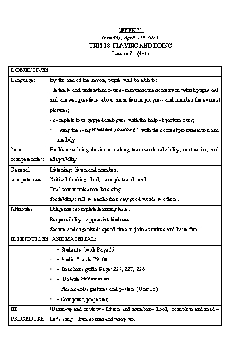 Kế hoạch bài dạy Tiếng Anh Lớp 3 - Tuần 31. Unit 18: Playing and doing + Unit 19: Outdoor activities - Năm học 2022-2023 - Trà Thị Anh Tú