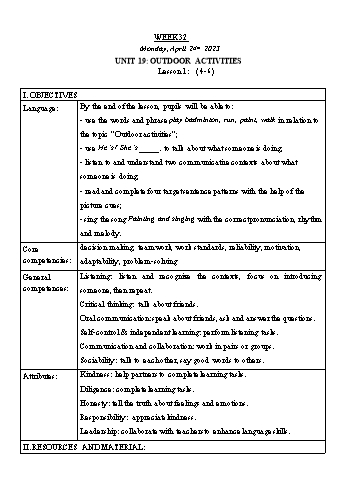 Kế hoạch bài dạy Tiếng Anh Lớp 3 - Tuần 32. Unit 19: Outdoor activities - Năm học 2022-2023 - Trà Thị Anh Tú
