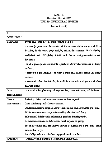 Kế hoạch bài dạy Tiếng Anh Lớp 3 - Tuần 33. Unit 19: Outdoor activities + Unit 20: At the zoo - Năm học 2022-2023 - Trà Thị Anh Tú