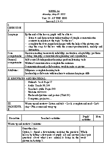 Kế hoạch bài dạy Tiếng Anh Lớp 3 - Tuần 34. Unit 20: At the zoo + Review 4 - Năm học 2022-2023 - Trà Thị Anh Tú
